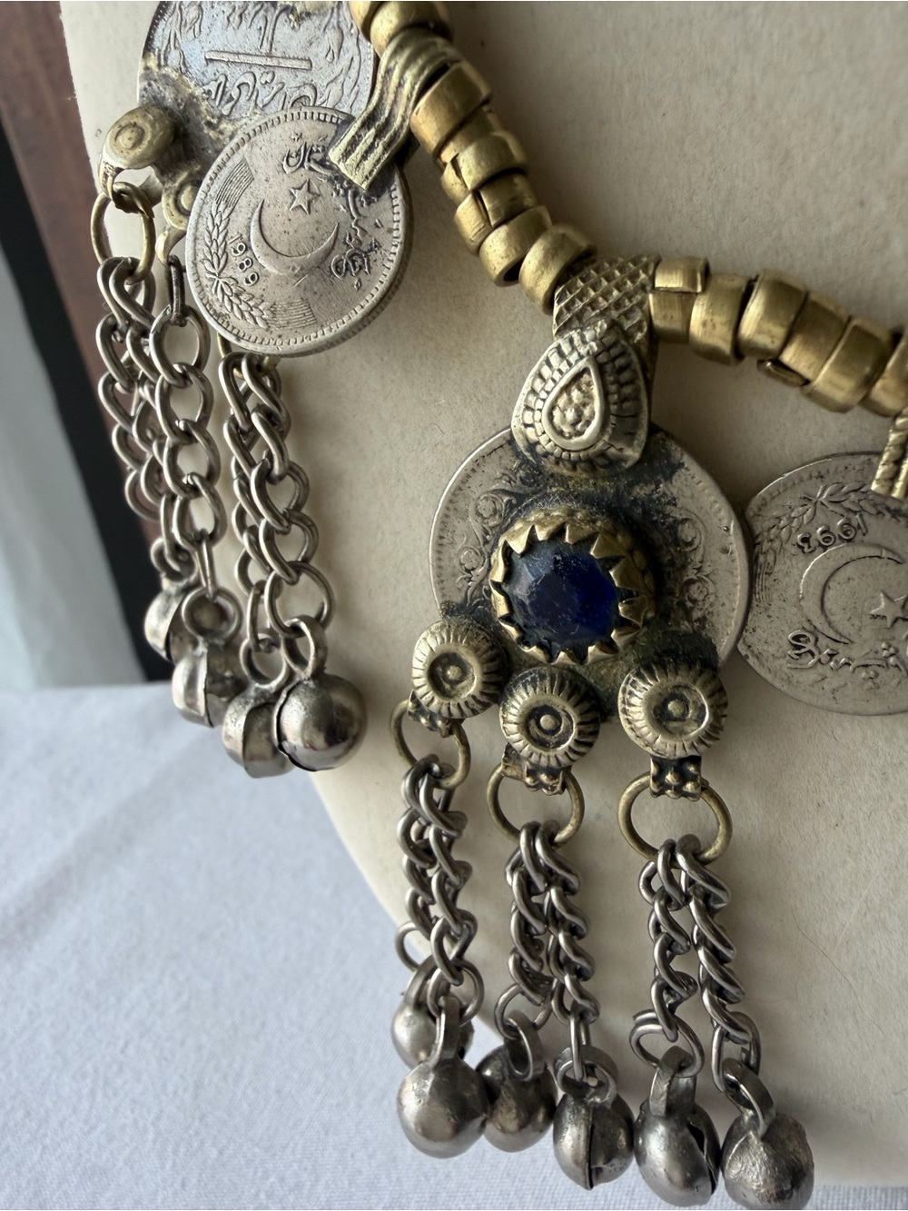 Boho Tribal Coin Tassel Necklace Afghan Style Bells Blue Pink Cabochons - Picture 2 of 10